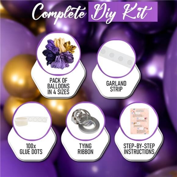 Purple and Gold Balloon Arch & Garland Kit –Small and Large Purple Gold Balloons - Picture 2 of 7